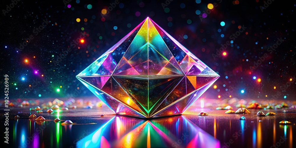 Canvas Prints A prismatic diamond reflecting vibrant colors on a dark surface with a scattering of smaller gems