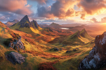 Obraz premium A panoramic view of the rugged and beautiful Scottish landscape, showcasing mountains with golden hues at sunset.