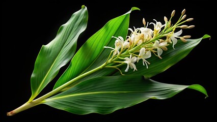 Fototapeta premium Medicinal Hedychium coronarium leaves and branch isolated on black background with clipping path