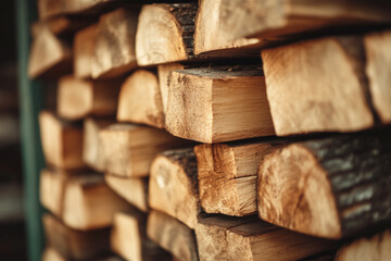 Stacked firewood, golden light shining on logs, perfect for winter warmth and a crackling night in