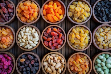 A similar composition to the first image, featuring an array of dried fruits and nuts in circular