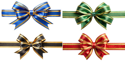 Gifting ribbon with golden stripes, blue, green, red, black isolated on transparent background PNG file