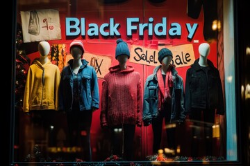 Fototapeta premium Shop Window Display: A storefront window featuring mannequins dressed in holiday attire, with a giant 