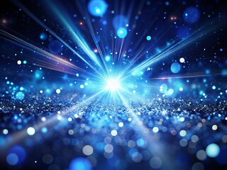 A captivating dark blue particle backdrop emits a glowing aura, with soft light rays enhancing the abstract macro photography, enveloping viewers in its mysterious, dreamlike allure.