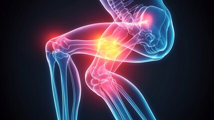Detailed knee joint X-ray, pain region marked with glowing orange gradient, clear bone outlines, glowing orange accent on pain region, soft shadow depth for visual emphasis,