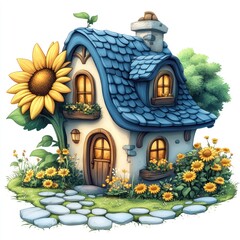Charming Cottage with Blue Roof and Sunflower Garden Illustration