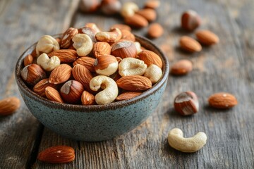 A small bowl filled with a mix of almonds, cashews, hazelnuts, and walnuts,