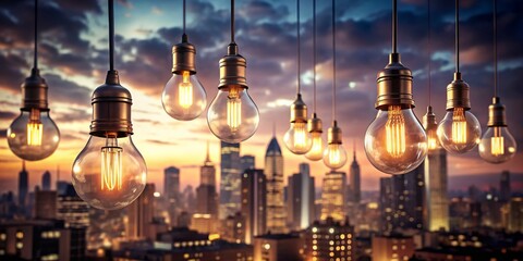Obraz premium A charming double exposure of vintage light bulbs dangling from the ceiling, creating a warm ambiance in an inviting interior that exudes retro charm.