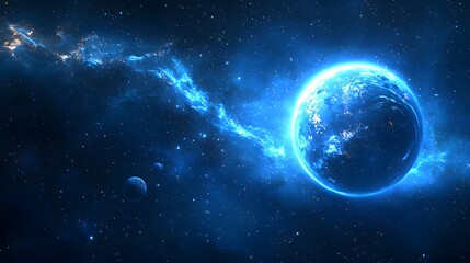 Obraz premium Vibrant cosmic vista: stunning blue planet and stars in deep space