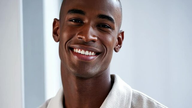Smiling bald Black man in all white, dark skin, closeup, confident and friendly expression