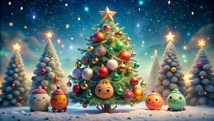 Fototapeta premium A cheerful cartoon Christmas tree, decorated with fun ornaments and a silly grin, spreads holiday joy, making it the ideal design for unique cards.