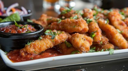 Fototapeta premium Delicious Fried Seafood with Fresh Herb Garnish