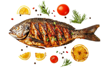 Top view Grilled Fish with tomato, sauce, rosemary and herbs and coriander isolated on background organic clean food for healthy.