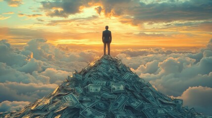 A man stands on top of a pile of money