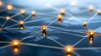 Glowing Digital Network Circuit Board with Connected Dots Forming Dynamic Tech Background  Cybernetic Interconnected Data Flow in Blue and Black Tones