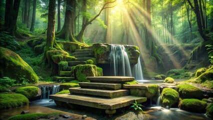Sunbeams illuminate a tranquil forest clearing, where a mossy waterfall cascades over stone steps, creating a serene and mystical scene.