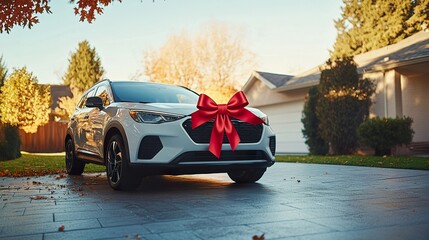 A new car sitting in a driveway, with a bright red bow on the hood, symbolizing a big purchase or gift