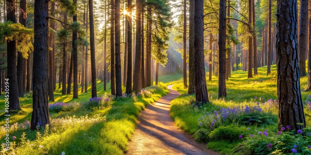 Canvas Prints A winding path through a sun-dappled forest, sunlight streams through the tall trees, illuminating a carpet of green grass and wildflowers