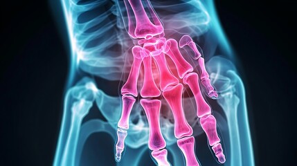 Detailed X-ray of finger joints, pain regions highlighted in bright pink, realistic bone structure, glowing pink overlay on pain zones, soft shadow depth for clarity, blue tint on surrounding bones,