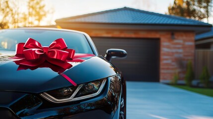 A new car sitting in a driveway, with a bright red bow on the hood, symbolizing a big purchase or gift
