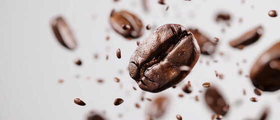 Close up of flying isolated coffee beans on white background. Macro shot of coffee for advertising, cafe banner. Generative ai	