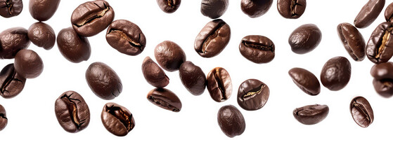Close up of flying  isolated coffee beans on white background. Macro shot of coffee for advertising, cafe banner. Generative ai	