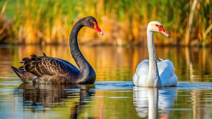 Obraz premium Medium shot of a black swan Cygnus atratus and mute swan Cygnus olor