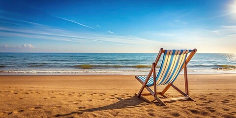 Medium shot of a deck chair by the sea on the sandy beach