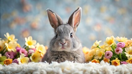 Medium shot of a furry grey bunny resting on a bed of colorful flowers