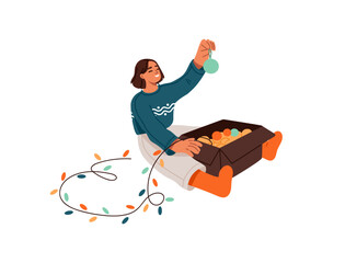 Happy little girl holds balls, baubles to decorate Christmas tree. Kid with box of Xmas ornaments, garland for preparing home for New year, winter holiday. Flat isolated vector illustration on white