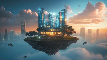 Naklejka premium A high-tech floating island in the sky, with a futuristic house and skyscrapers in the background, glowing with modern architectural designs