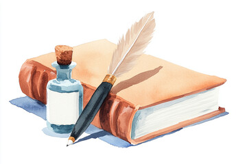 Watercolor illustration of classic quill pen, ink bottle, and vintage book, evoking sense of nostalgia and creativity. Perfect for artistic themes
