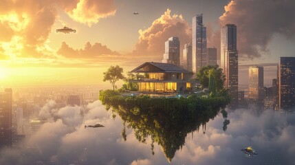Naklejka premium A modern house on a floating island in the sky, with a city of towering skyscrapers and a dynamic sunset as the backdrop