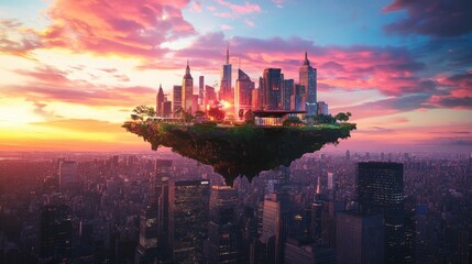 A floating island with an advanced high-tech home, suspended above a vibrant city with towering skyscrapers under a colorful sky