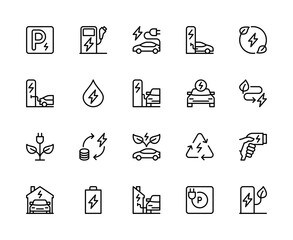 Car charging station vector linear icons set. Contains such icons as parking, car charger, charging icon, car and more.