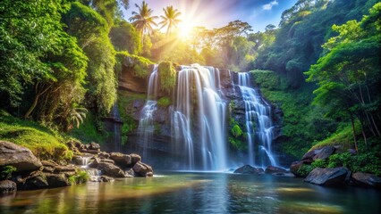 Fototapeta premium Medium shot of a waterfall in the Atlantic Forest illuminated by sunlight
