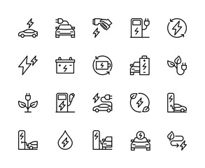 Car charging station vector linear icons set. Contains such icons as car, auto, charging icon, plug and more.