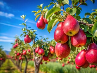 Obraz premium Ripe Red Pears in Orchard - Organic Farming Fresh Food Photography