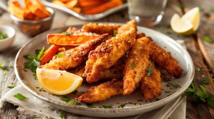 Fototapeta premium Crispy Fried Fish with Lemon and Sweet Potato Fries