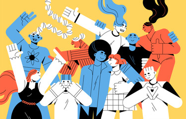 Happy people celebrate, have fun together. Group of friends dancing, rejoices at party. Diverse young men and women laughing, love. Concept of international friendship. Flat vector illustration