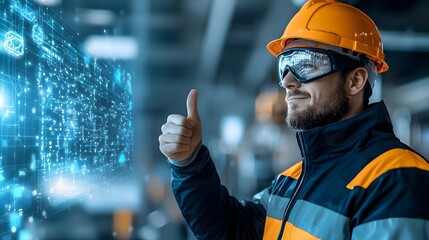 Confident construction worker in protective gear and equipment such as a hard hat giving a thumbs up gesture at an industrial site or building project showcasing workplace safety success