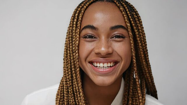 Smiling Black woman with braided hair, dark skin, white outfit on white background, closeup