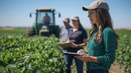 Fototapeta premium A professional woman collaborating with her agricultural team, utilizing machinery in a productive environment