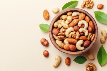 A wooden bowl filled with a mix of nuts and raisins, including almonds, pistachios