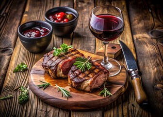 An overhead perspective showcases succulent grilled meats glazed in sweet sauce alongside stylish wine glasses, embodying the enchantment of culinary delights and exquisite flavors.