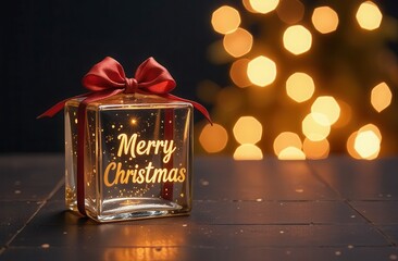 Transparent glass Christmas gift with glass bow, golden glowing text &ldquo;Merry Christmas&rdquo;, festive golden bokeh background --ar 3:2