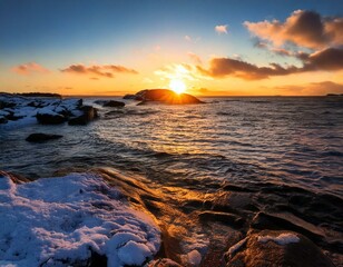 일몰이 비추는 겨울 바다