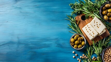 Flat lay of organic tofu soybeans olives and rosemary arranged on a blue wooden background with ample space for text overlay  This image emphasizes a plant based healthy