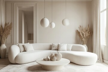 An elegant living room featuring soft, neutral colors. A curved white sofa is the centerpiece