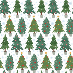 Obraz premium Seamless pattern with decorated Christmas trees and snowflakes. Cute holiday background 